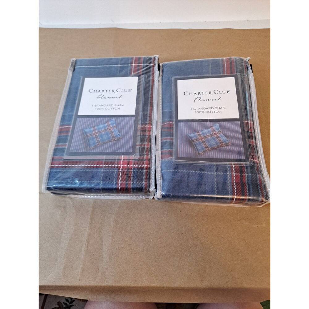 Charter Club Navy Plaid Flannel 100% Cotton Shams Pillow Sz 20"x26"/Sham 23"x29"